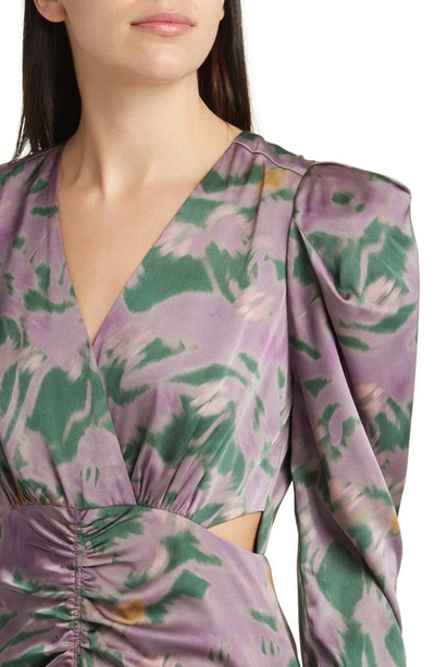 Shop Floret Studios Cutout Ruched Long Sleeve Satin Dress In Plum Green Floral