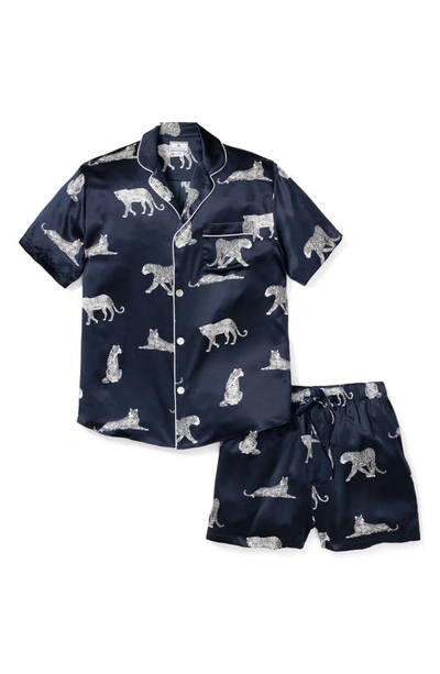 Petite Plume Panther Print Silk Short Pajamas In Navy