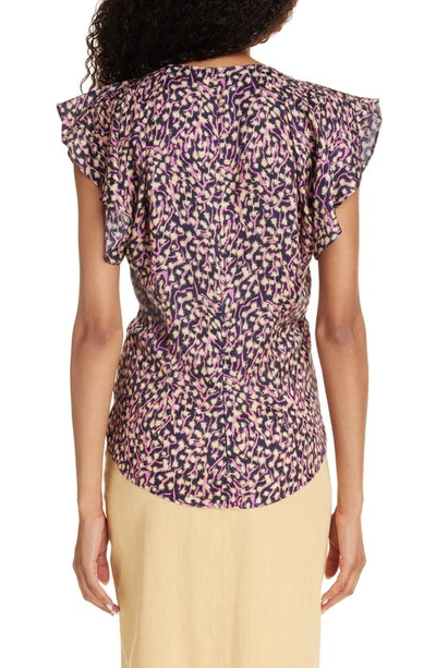 Shop Isabel Marant Lonea Abstract Floral Ruched Flutter Sleeve Top In Faded Night