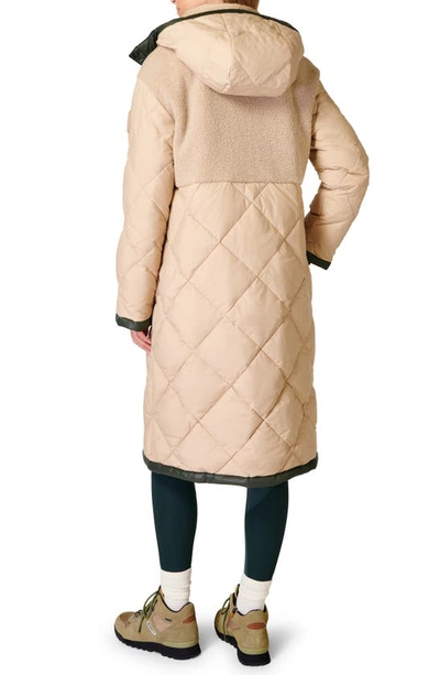 Shop Sweaty Betty Navigate Long Hooded Mixed Media Coat In Dove Beige