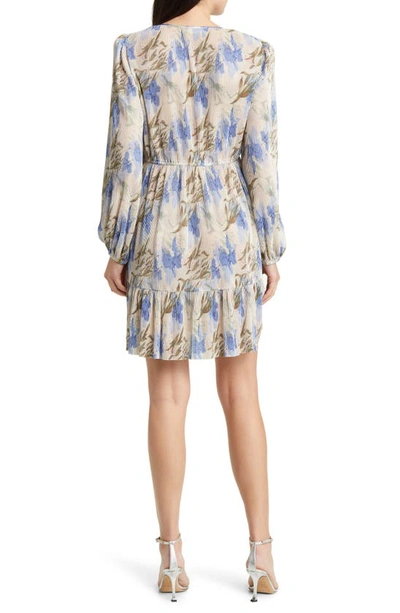 Shop Floret Studios Floral Micropleat Long Sleeve Dress In Cream Blue Floral