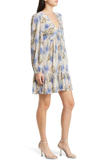 Shop Floret Studios Floral Micropleat Long Sleeve Dress In Cream Blue Floral