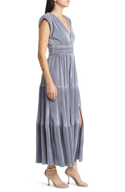 Shop Floret Studios Micropleat Sleeveless Tiered Midi Dress In Dusty Blue