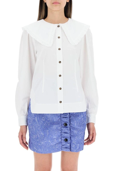 Shop Ganni Cotton Shirt With Oversized Collar In White