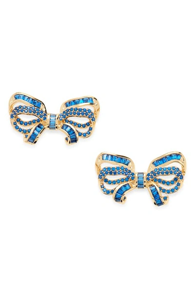 Shop Judith Leiber Pavé Crystal Bow Stud Earrings In Blue/ Gold