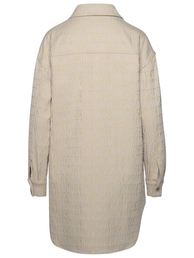 Shop Moschino Logo Beige Cotton Blend Dress In Avorio