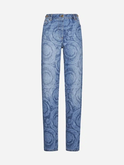 Shop Versace Barocco Print Jeans In Medium Blue