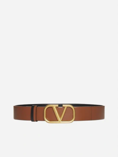 Shop Valentino Vlogo Reversible Leather Belt In Tan,black