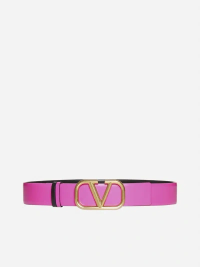 Shop Valentino Vlogo Reversible Leather Belt In Pink Pp,black