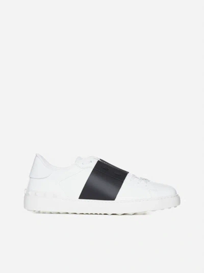 Shop Valentino Open Leather Sneakers In White,black