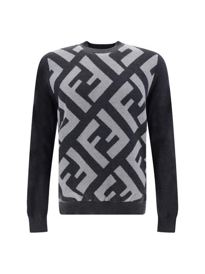 Shop Fendi Grey Wool Logo Details Sweater