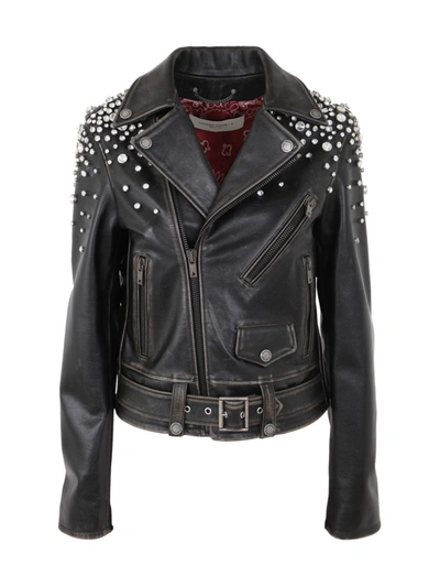Shop Golden Goose Golden Chiodo Jacket Distressed Bull Leather With Crystals Stones Clothing In Black
