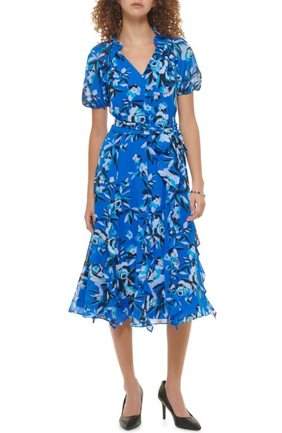 Shop Karl Lagerfeld Puff Sleeve Ruffle Chiffon Midi Dress In Blue