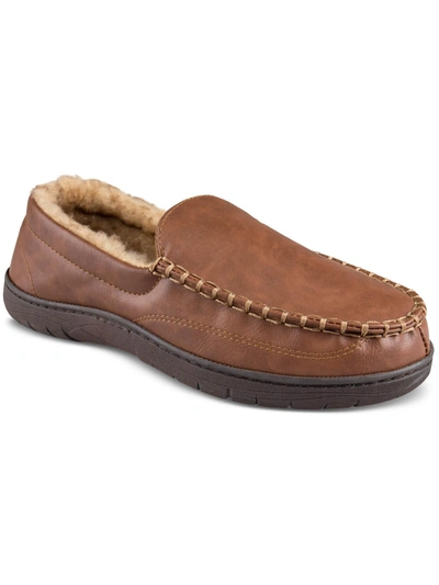 Shop Haggar Mens Faux Leather Slip On Loafer Slippers In Brown