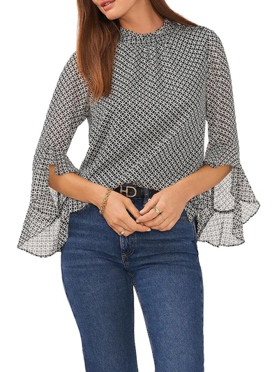 Shop Vince Camuto Womens Geometric Print Ruffle Neck Blouse In Grey
