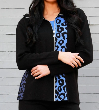 Angel Apparel Leopard Zip Cardigan In Black/periwinkle In Multi