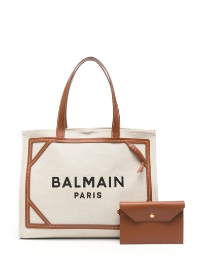 Shop Balmain 'b-army' Beige Shopper Bag With Logo In Canvas Woman