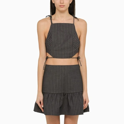 Shop Ganni Pinstripe Top With Laces In Grey