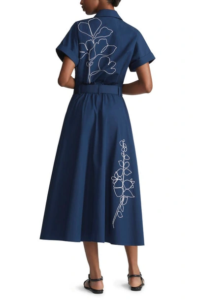 Shop Lafayette 148 Floral Embroidered Belted Cotton Poplin Shirtdress In Midnight Blue