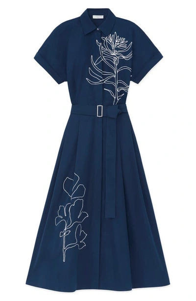 Shop Lafayette 148 Floral Embroidered Belted Cotton Poplin Shirtdress In Midnight Blue