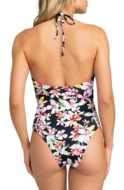 Shop Roxy Beach Classics Floral Cutout One-piece Swimsuit In Anthracite New Life