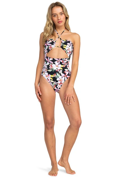 Shop Roxy Beach Classics Floral Cutout One-piece Swimsuit In Anthracite New Life