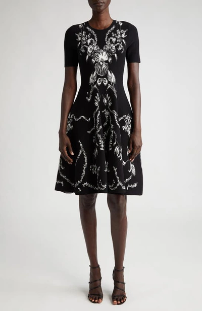 Shop Jason Wu Collection Floral Jacquard Fit & Flare Knit Dress In Black/ Chalk