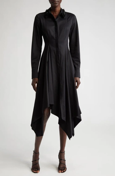 Shop Jason Wu Collection Beaded Collar Long Sleeve Asymmetric Stretch Cotton Shirtdress In Black