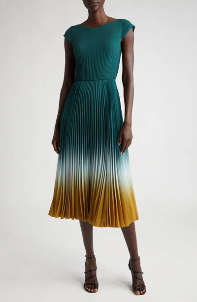 Shop Jason Wu Collection Dip Dye Cap Sleeve Pleated Midi Dress In Sea Green/ Deep Saffron