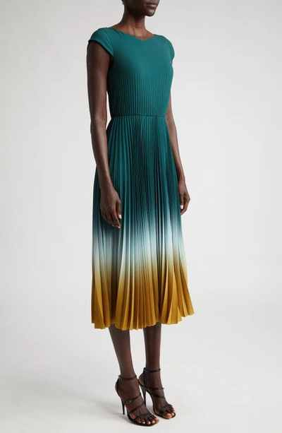Shop Jason Wu Collection Dip Dye Cap Sleeve Pleated Midi Dress In Sea Green/ Deep Saffron