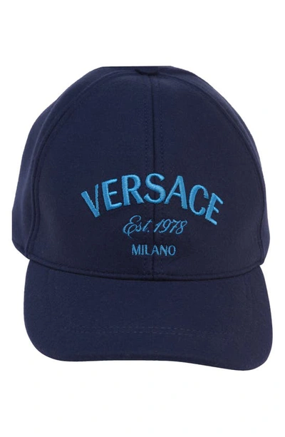 Shop Versace Milano Embroidered Logo Virgin Wool & Nylon Baseball Cap In Navy Blue Desden Blue