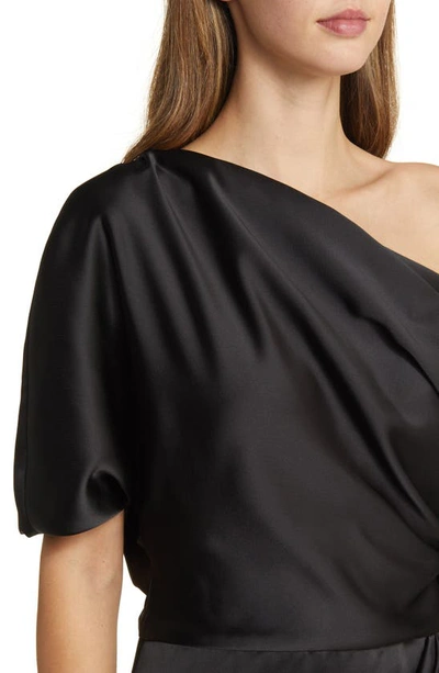 Shop Amsale Gathered One-shoulder Satin Gown In Black