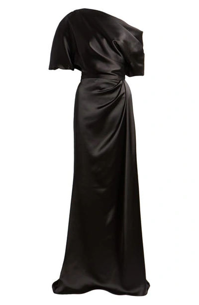 Shop Amsale Gathered One-shoulder Satin Gown In Black