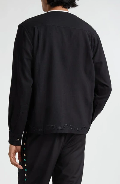 Shop Bode Dumas Embroidered V-neck Wool Button-up Overshirt In Black