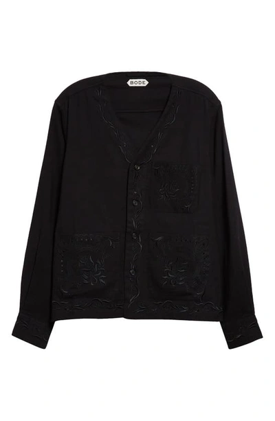 Shop Bode Dumas Embroidered V-neck Wool Button-up Overshirt In Black
