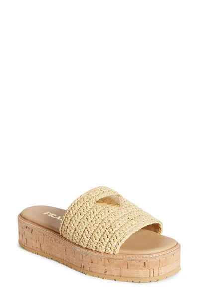 Shop Prada Raffia Platform Slide Sandal In Natural