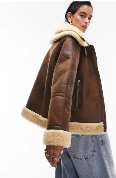 Shop Topshop Faux Leather Aviator Jacket With Faux Fur Trim In Tan