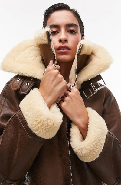 Shop Topshop Faux Leather Aviator Jacket With Faux Fur Trim In Tan