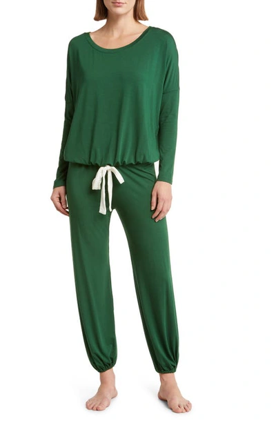 Shop Eberjey Gisele Jersey Knit Slouchy Pajamas In Forest Green/ Bone
