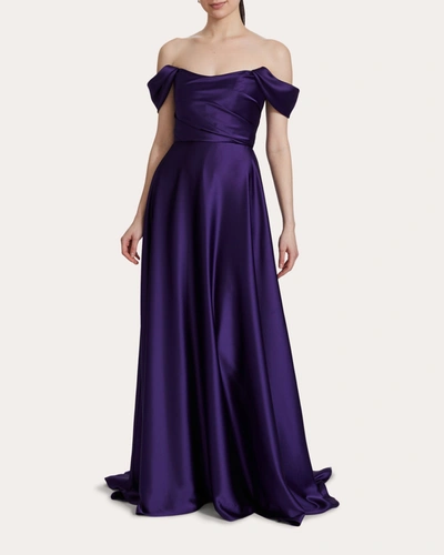Shop Amsale Women's Satin Draped Off-shoulder Gown In Purple