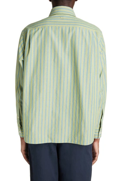 Shop Acne Studios Face Patch Stripe Cotton Button-down Shirt In Bright Green/ Dark Green