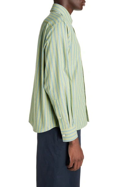 Shop Acne Studios Face Patch Stripe Cotton Button-down Shirt In Bright Green/ Dark Green