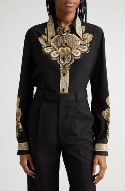 Shop Etro Placed Floral Print Silk Button-up Shirt In Print On Black Base