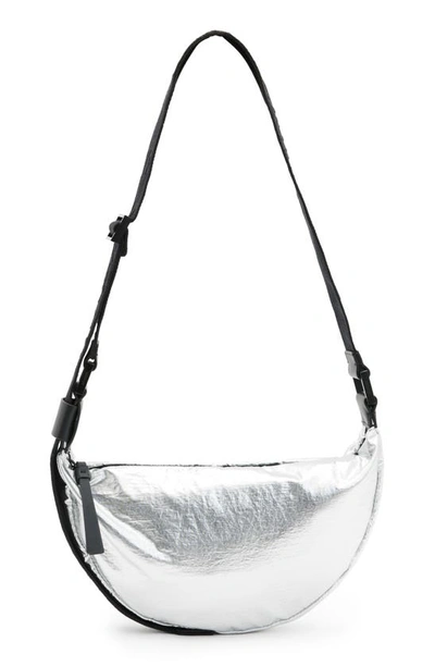 Shop Allsaints Half Moon Metallic Nylon Crossbody Bag In Silver