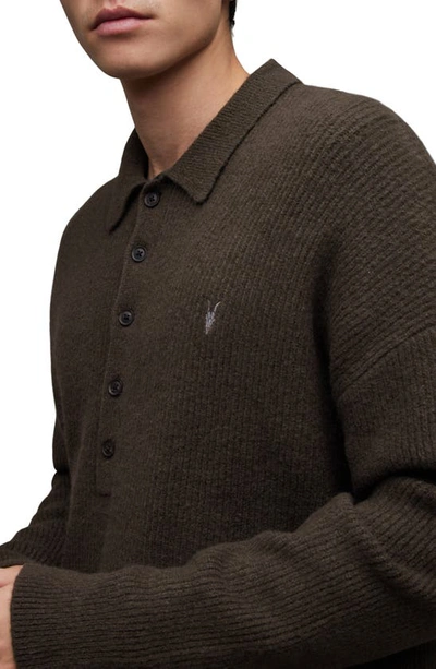 Shop Allsaints Shapley Rib Long Sleeve Polo Sweater In Dark Ivy Green