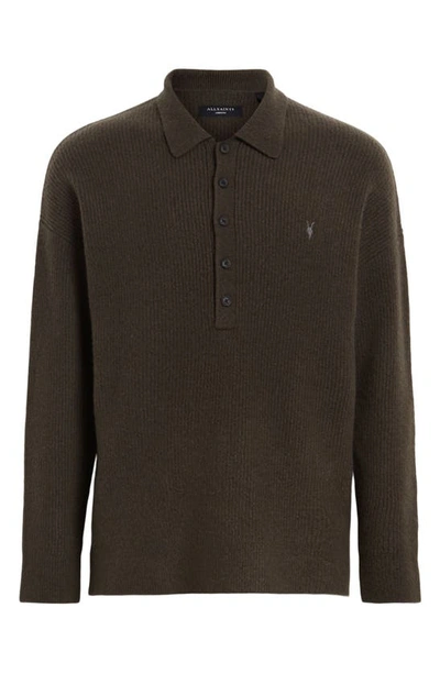 Shop Allsaints Shapley Rib Long Sleeve Polo Sweater In Dark Ivy Green
