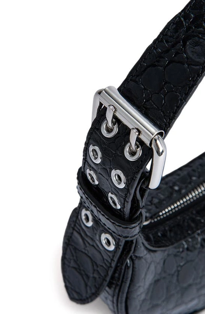 Shop By Far Mini Soho Croc Embossed Leather Shoulder Bag In Black