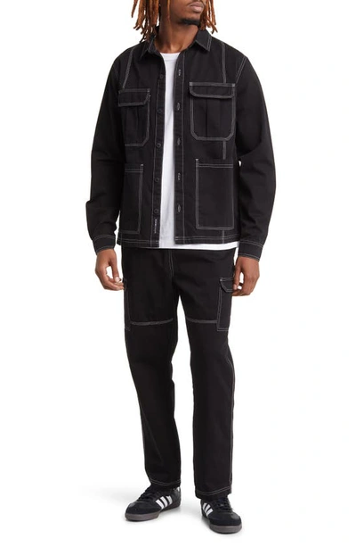 Shop Native Youth Contrast Topstitch Twill Overshirt In Black