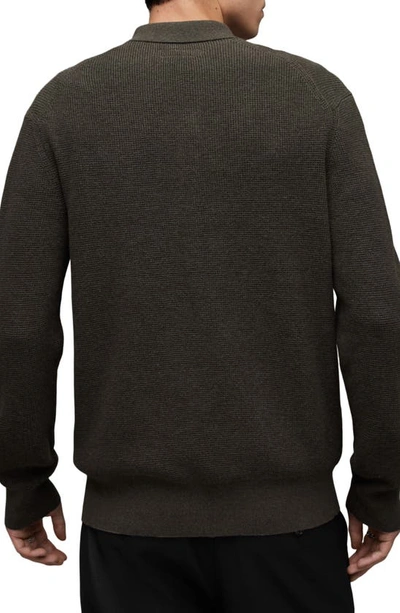 Shop Allsaints Long Sleeve Cotton & Wool Thermal Polo Sweater In Dark Ivy Green Marl