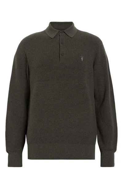 Shop Allsaints Long Sleeve Cotton & Wool Thermal Polo Sweater In Dark Ivy Green Marl